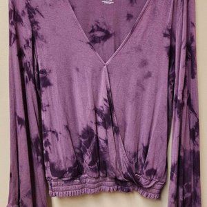 America Eagle Wrap Flared Sleeve Purple Tie Dye Top Size Small
